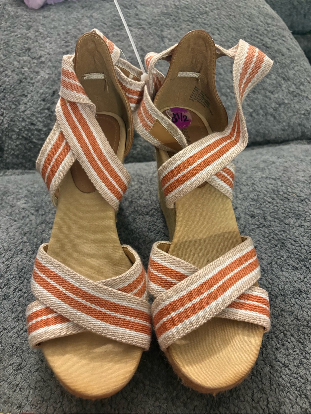Kenneth Cole Reaction Orange and Cream Striped Canvas Wedges
